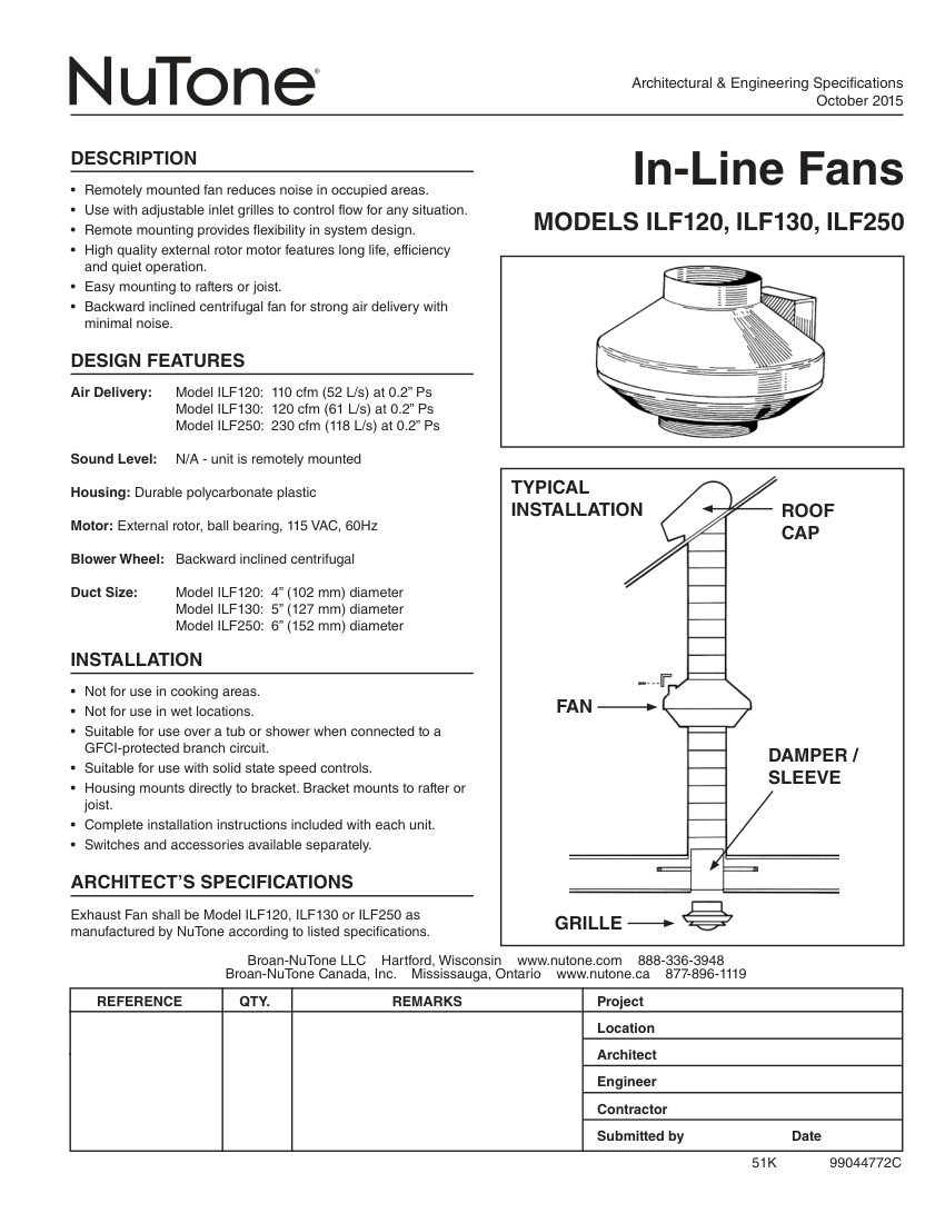 Broan ILF130 cut sheet — first page