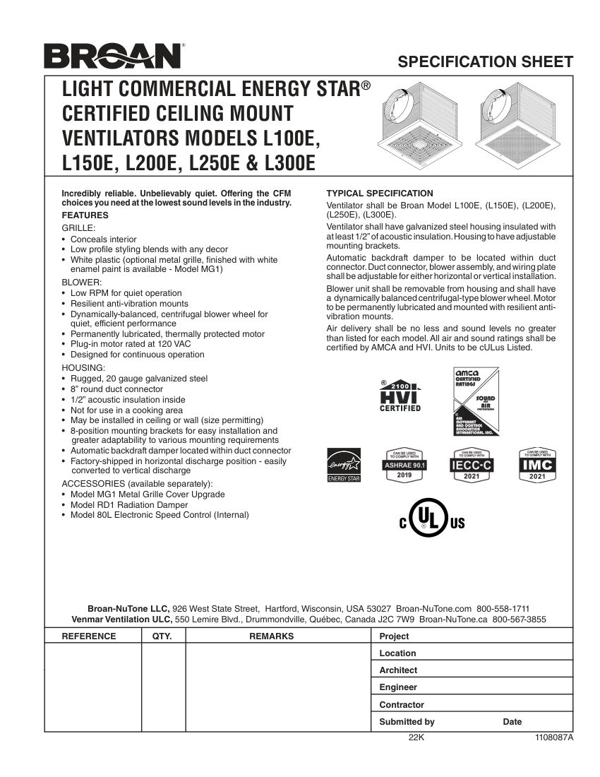 Broan L100E cut sheet — first page