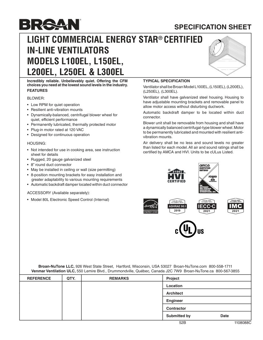 Broan L100EL cut sheet — first page