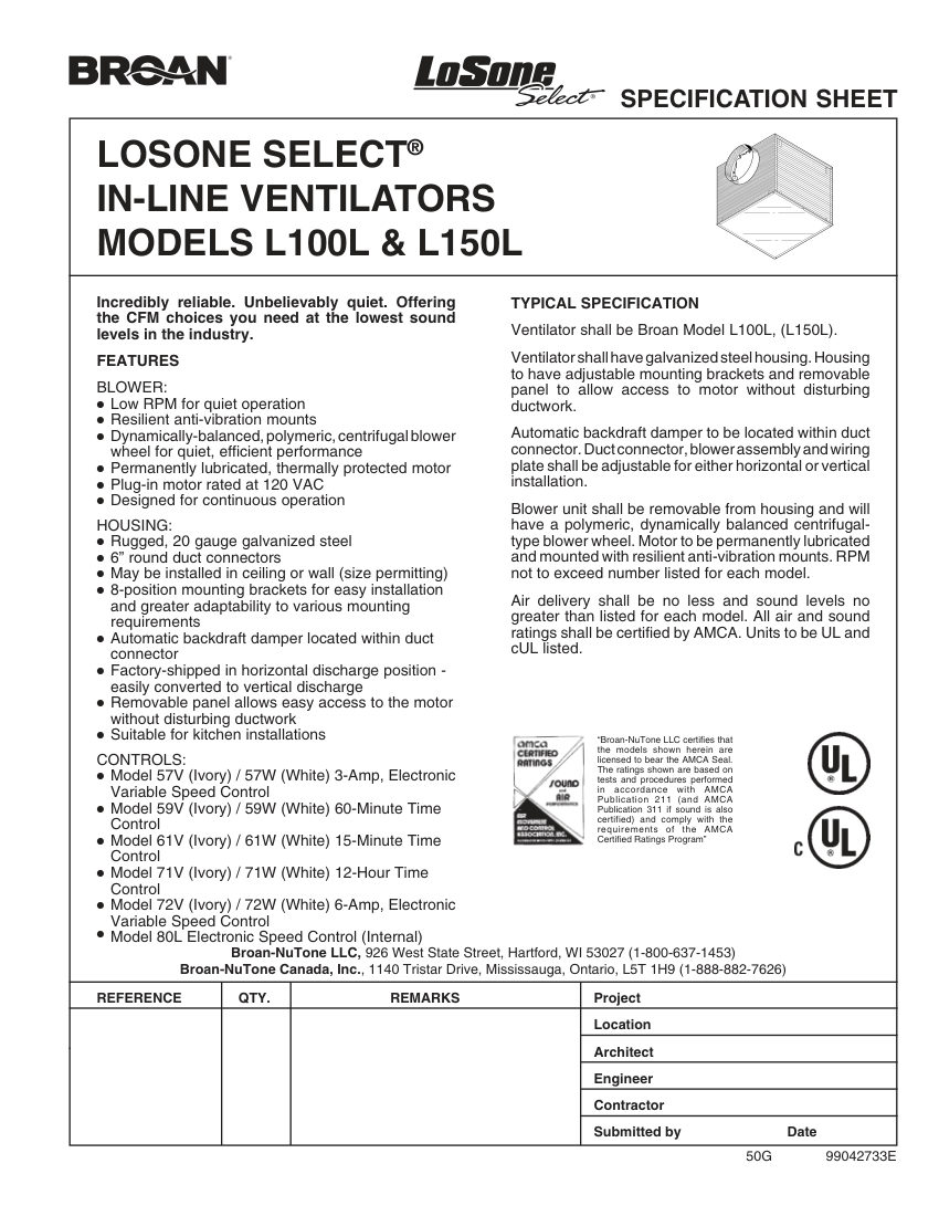 Broan L100L cut sheet — first page