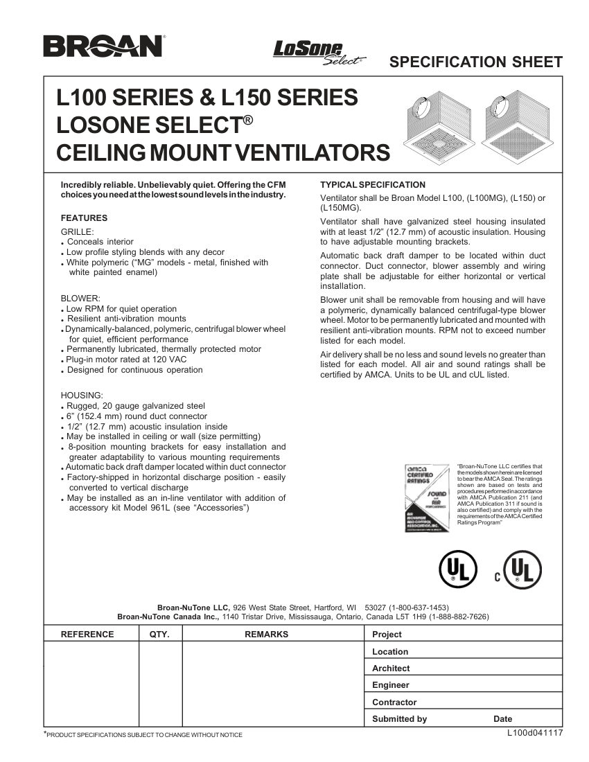 Broan L100MG cut sheet — first page