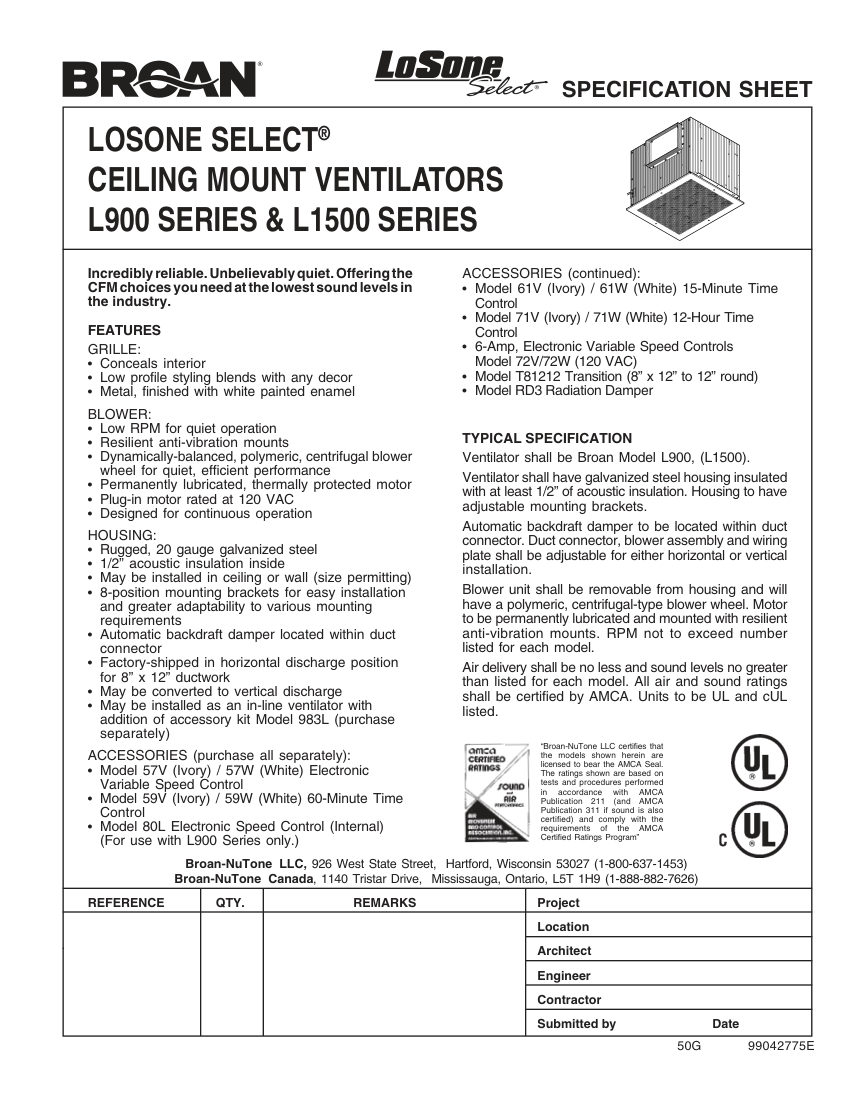 Broan L1500 cut sheet — first page