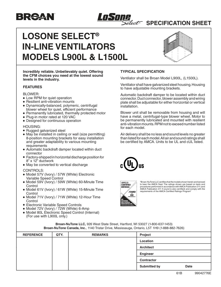 Broan L1500L cut sheet — first page