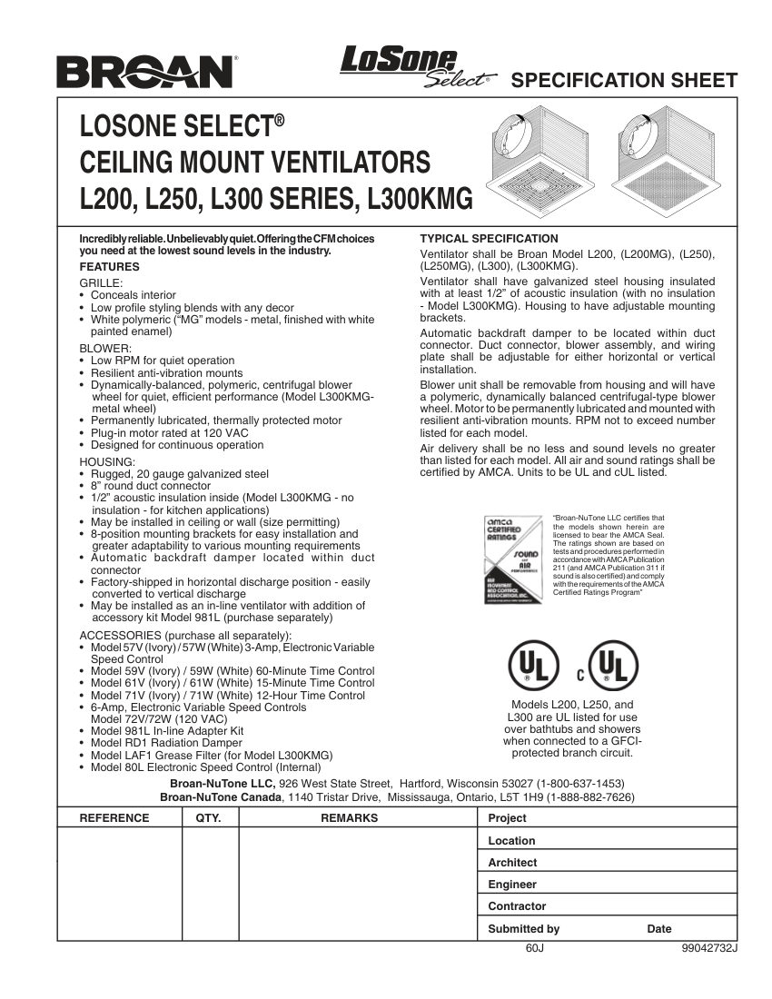 Broan L200 cut sheet — first page