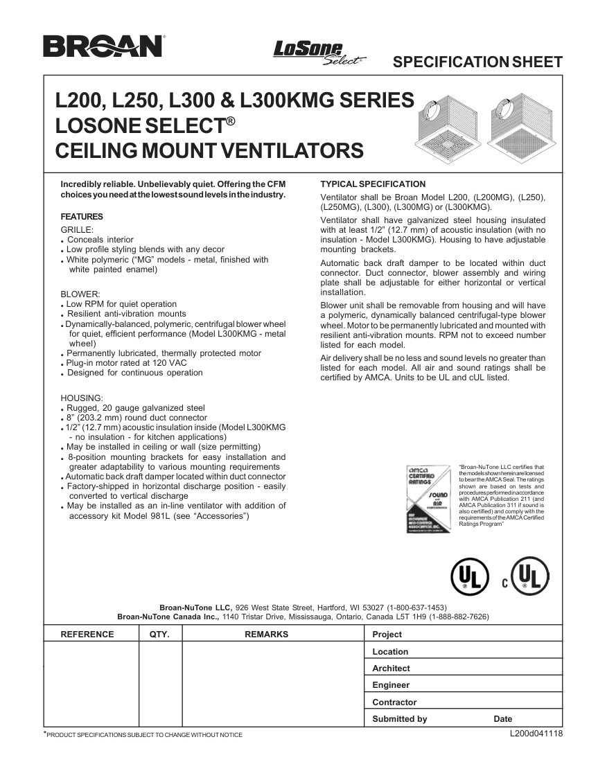 Broan L250 cut sheet — first page