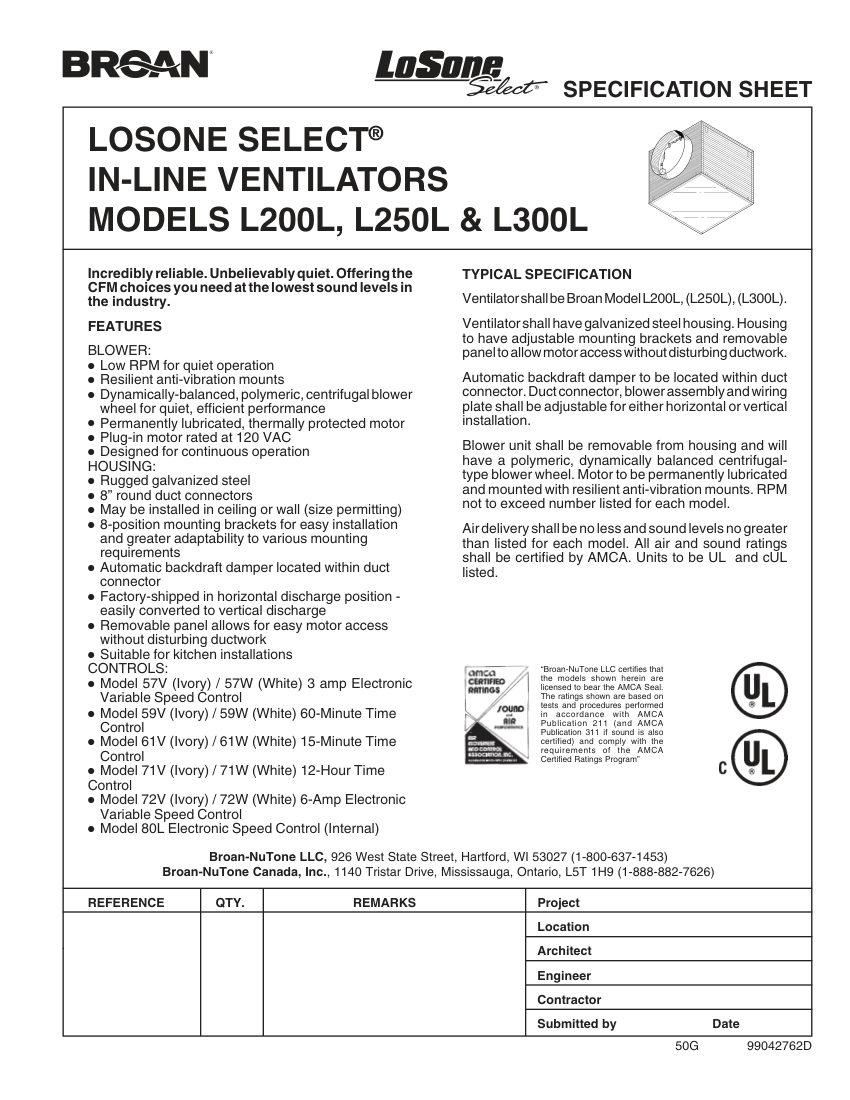 Broan L300L cut sheet — first page
