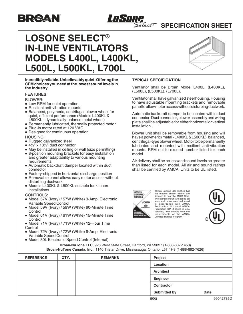 Broan L400KL cut sheet — first page