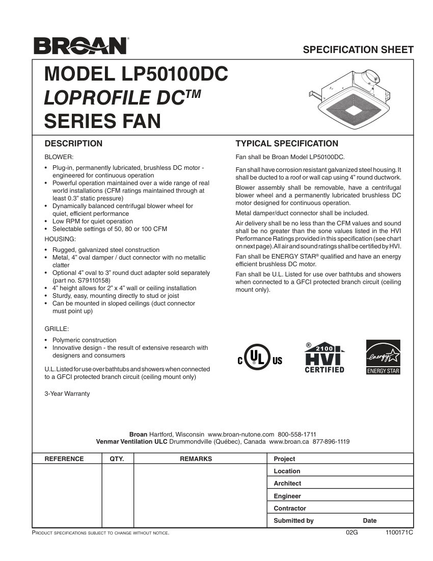 Broan LP50100DCF cut sheet — first page
