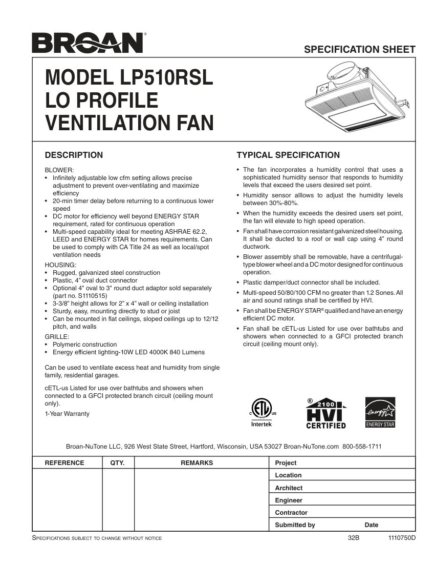 Broan LP510RSL cut sheet — first page