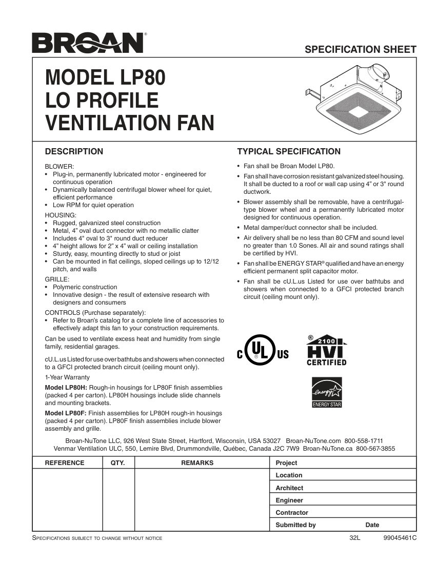 Broan LP80 cut sheet — first page