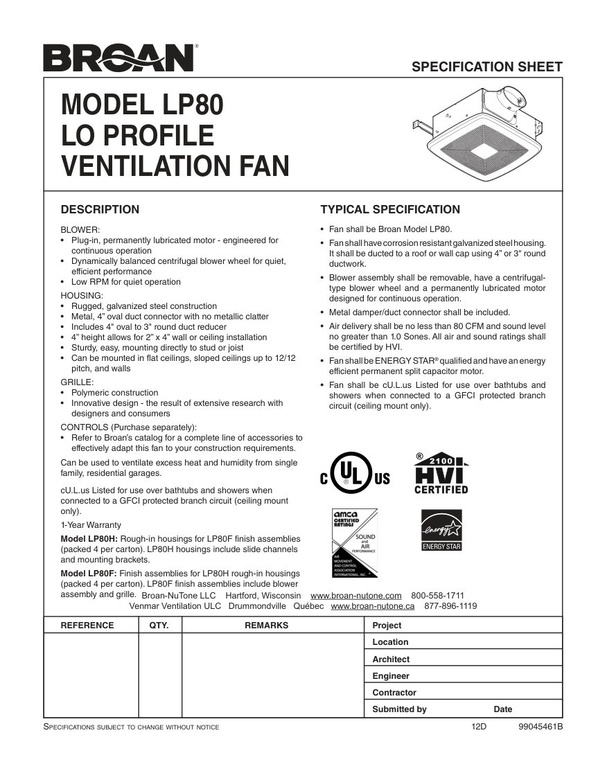 Broan LP80F cut sheet — first page