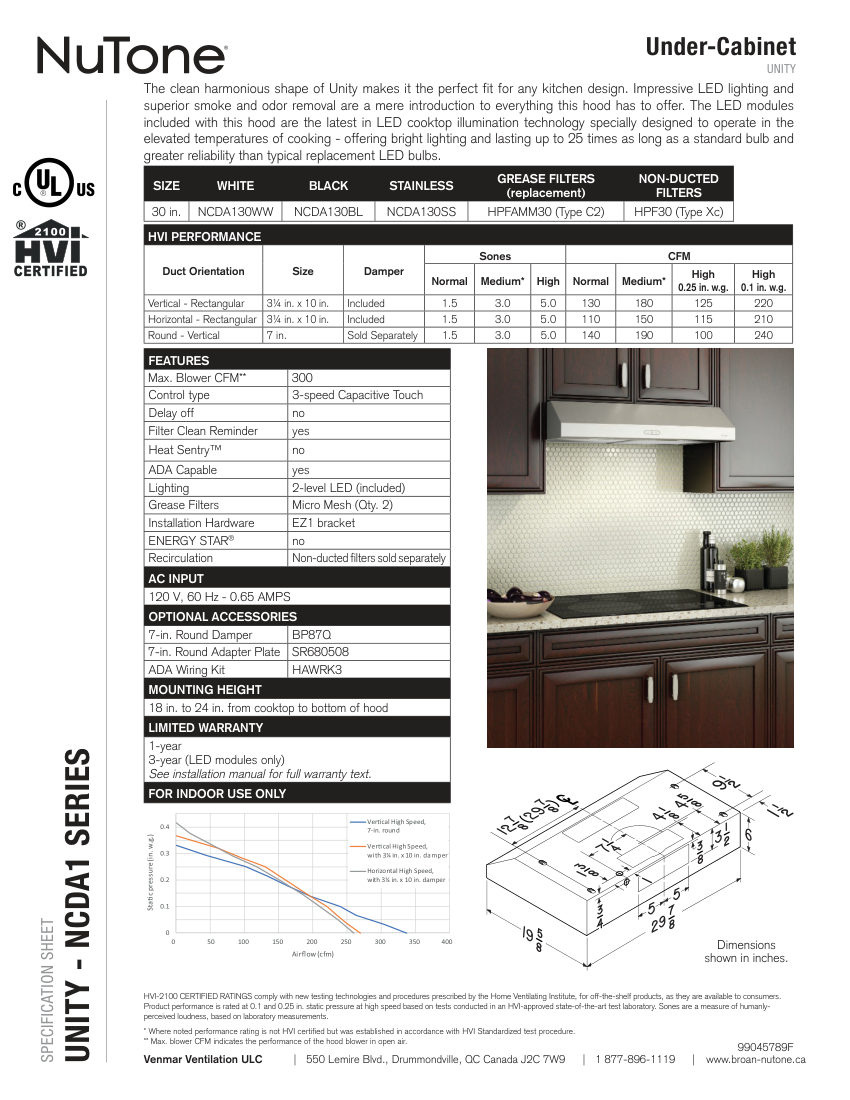 Broan NCDA130SS cut sheet — first page