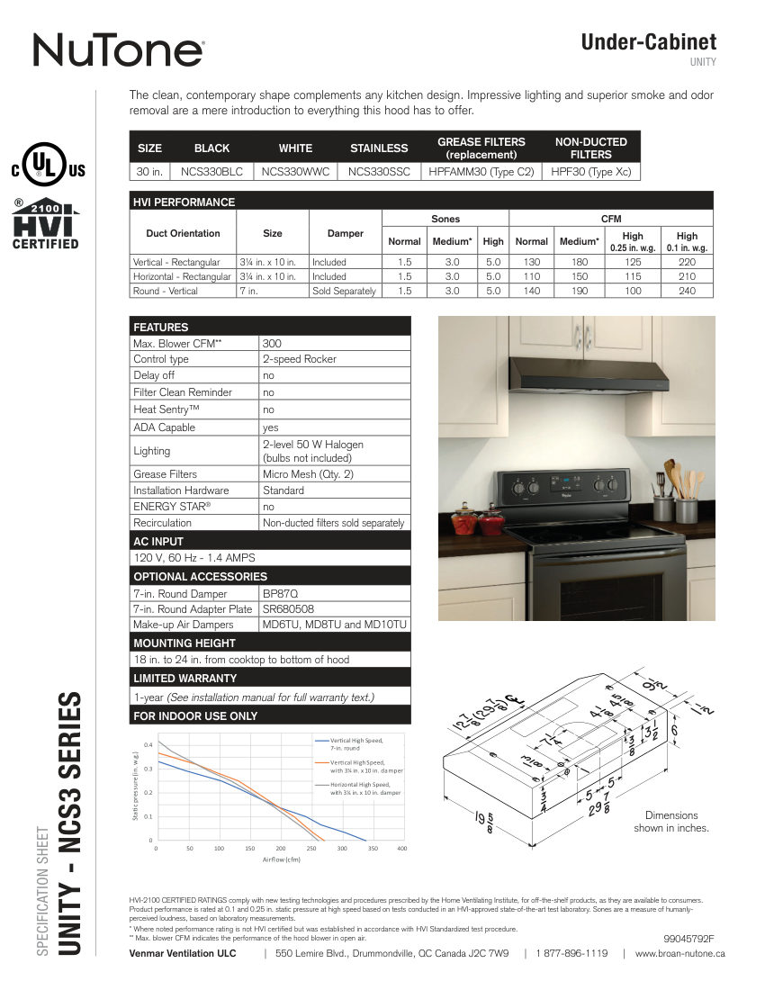 Broan NCS330BLC cut sheet — first page