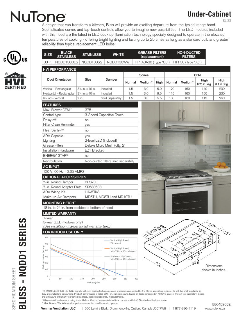Broan NQDD130BLS cut sheet — first page