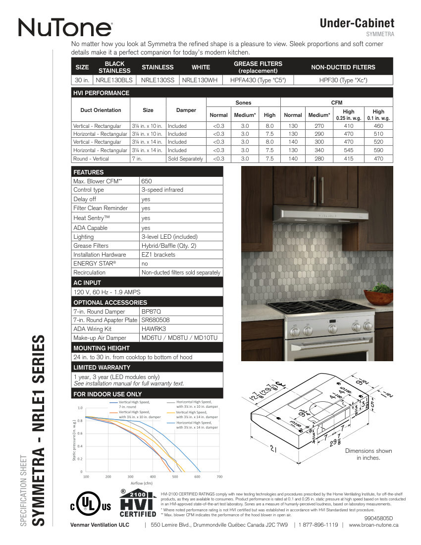 Broan NRLE130BLS cut sheet — first page