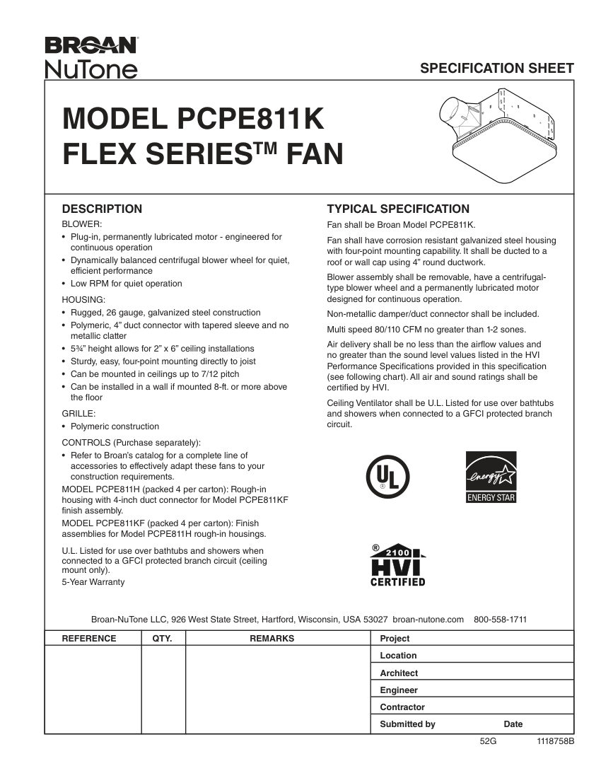 Broan PCPE811K cut sheet — first page