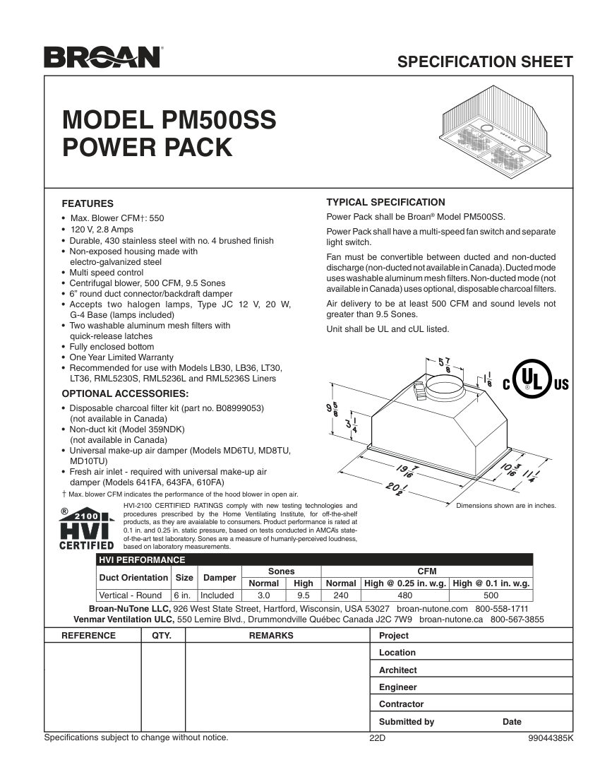 Broan PM500SS cut sheet — first page