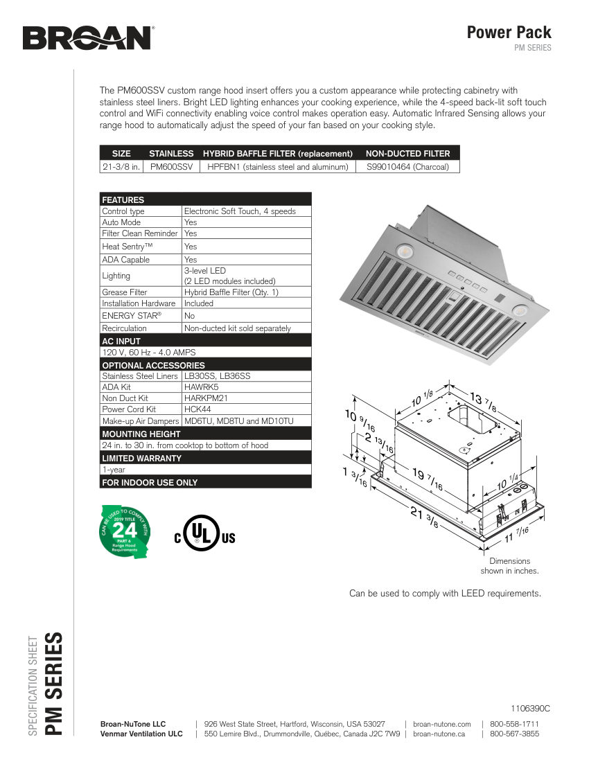 Broan PM600SSV cut sheet — first page