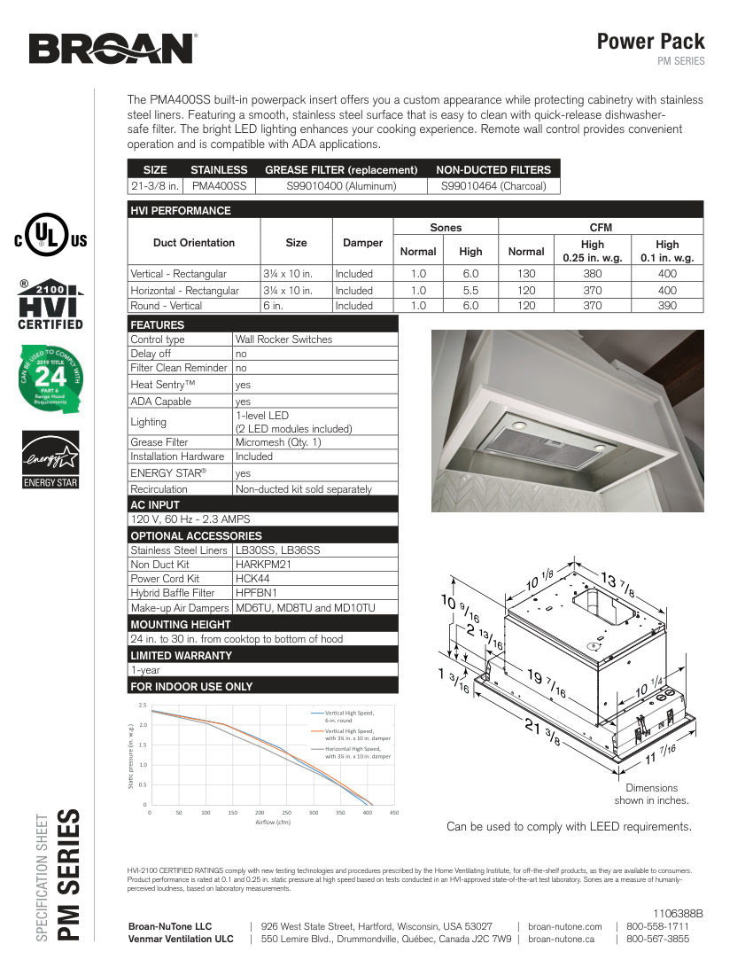 Broan PMA400SS cut sheet — first page