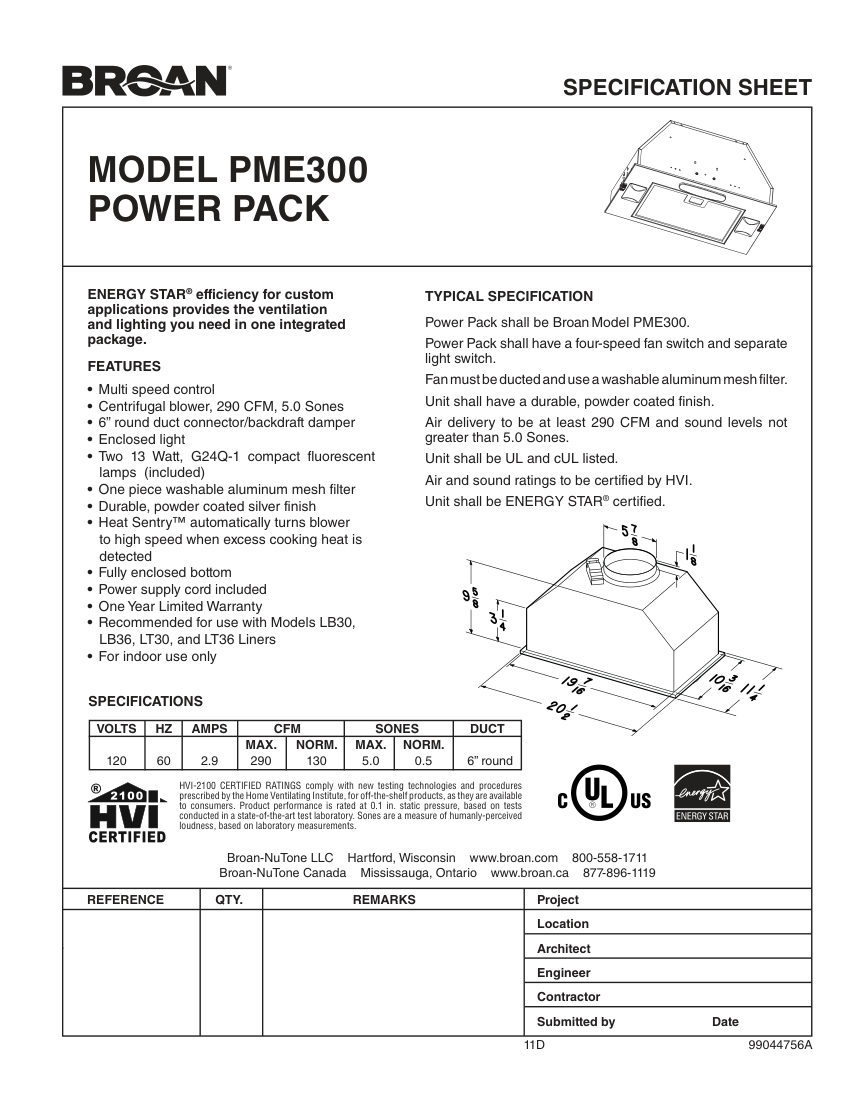 Broan PME300 cut sheet — first page