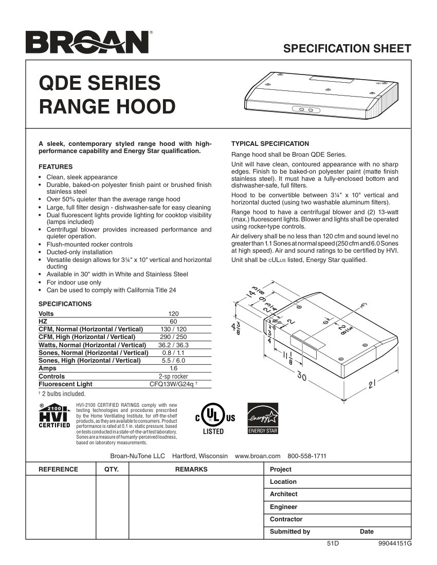 Broan QDE30SS cut sheet — first page