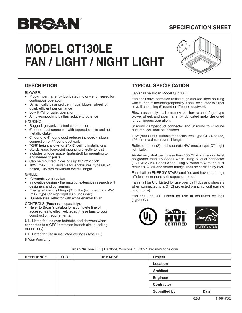 Broan QT130LE cut sheet — first page