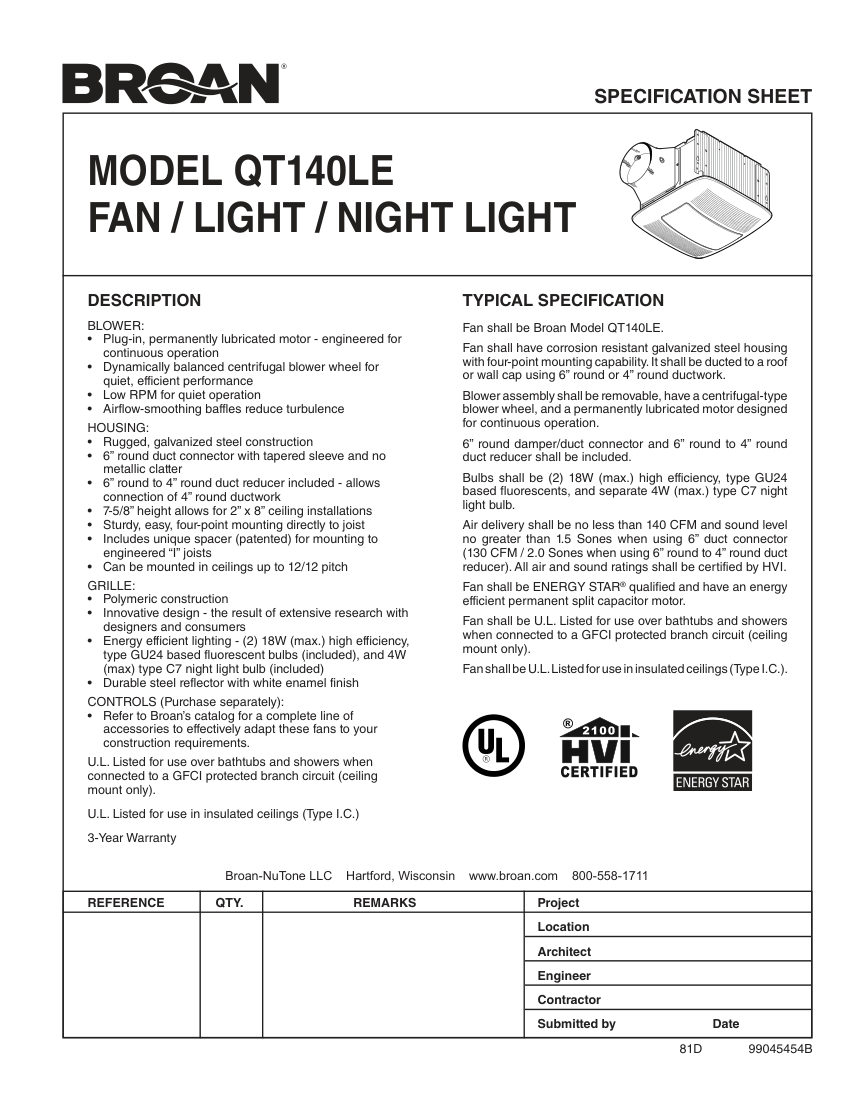 Broan QT140LE cut sheet — first page
