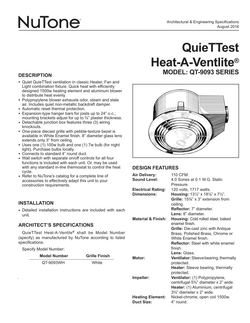 Broan QT9093WH cut sheet — first page