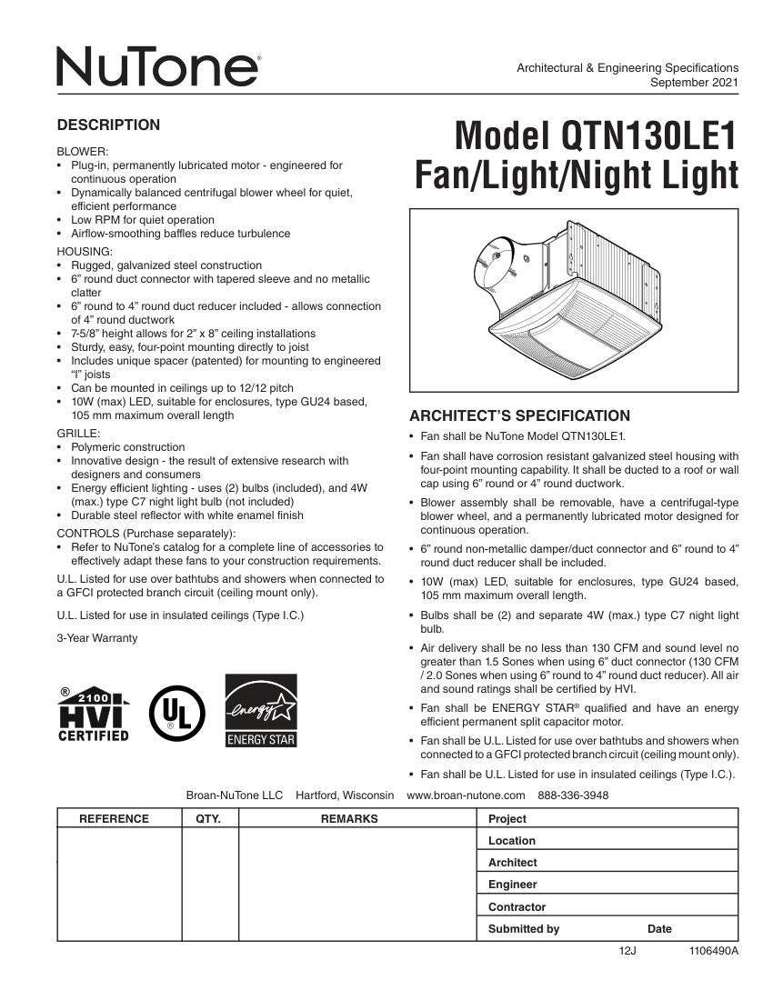 Broan QTN130LE1 cut sheet — first page