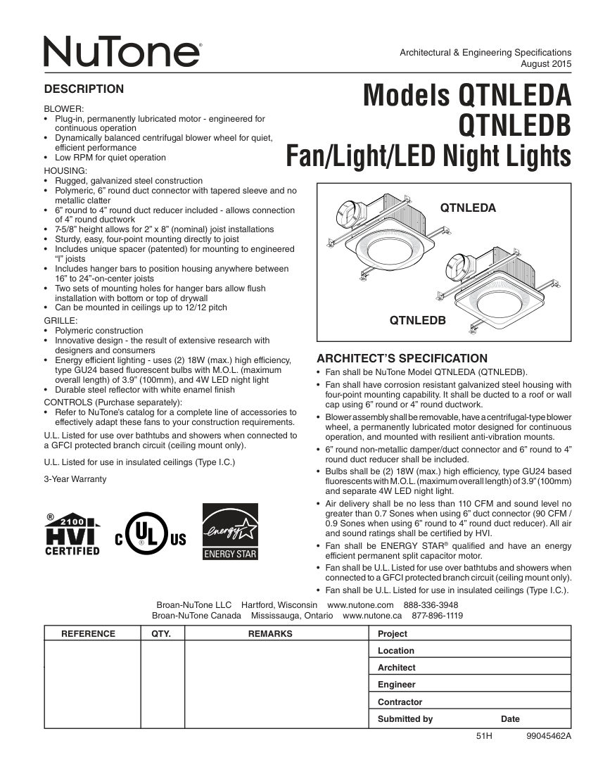 Broan QTNLEDA cut sheet — first page