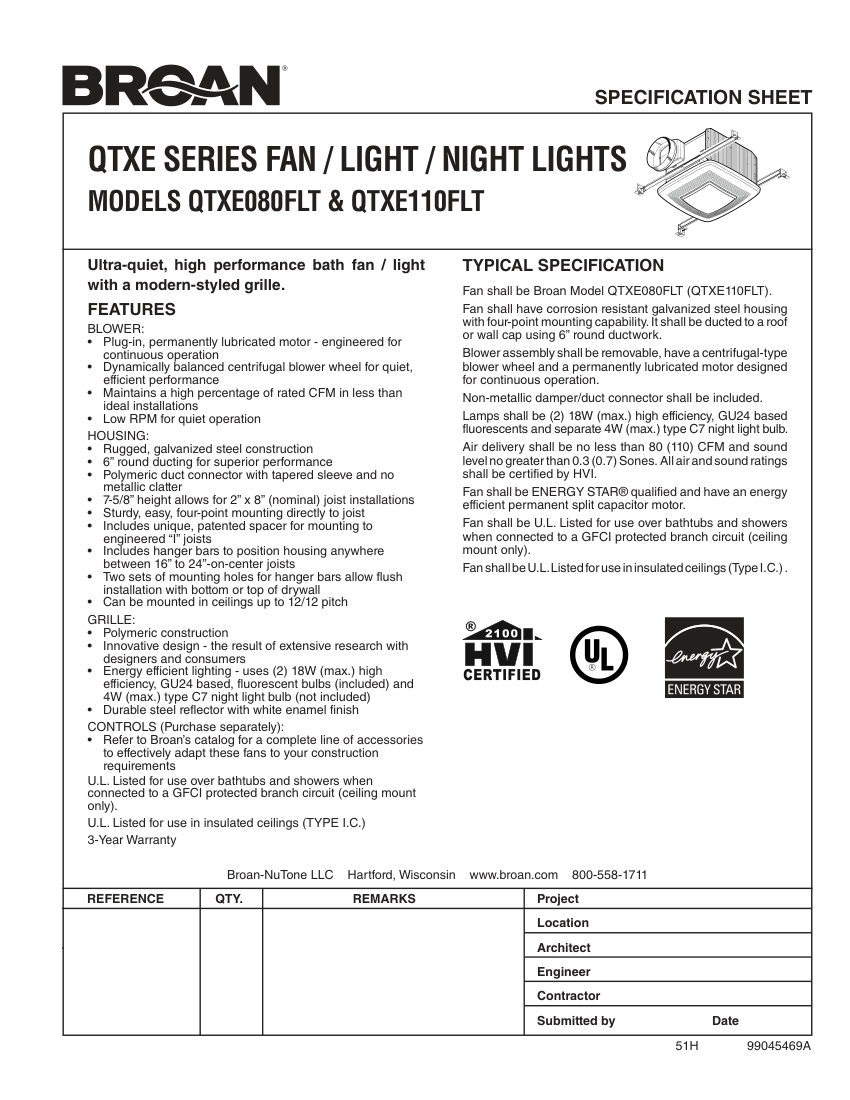 Broan QTXE110FLT cut sheet — first page