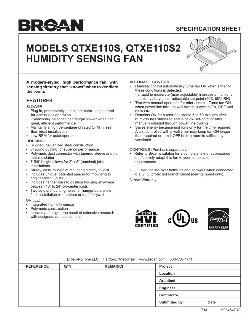 Broan QTXE110S cut sheet — first page