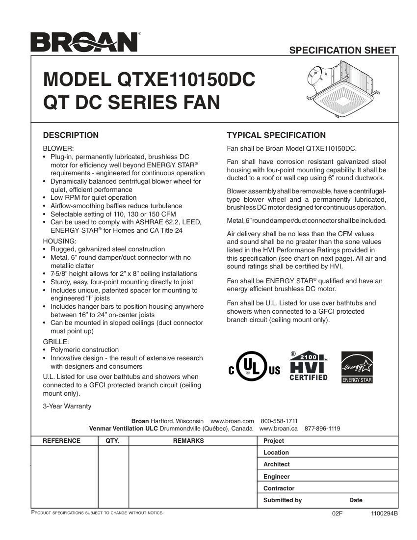 Broan QTXEDCH cut sheet — first page