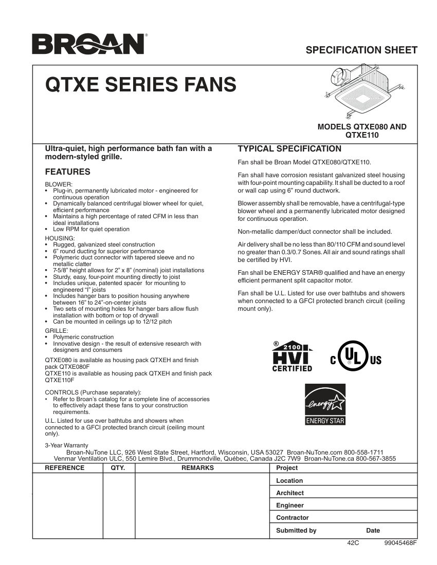 Broan QTXEG110 cut sheet — first page
