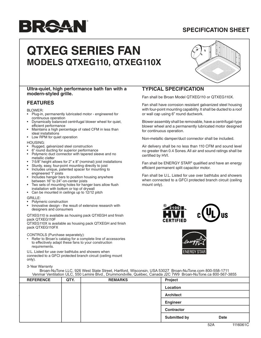 Broan QTXEG110FX cut sheet — first page