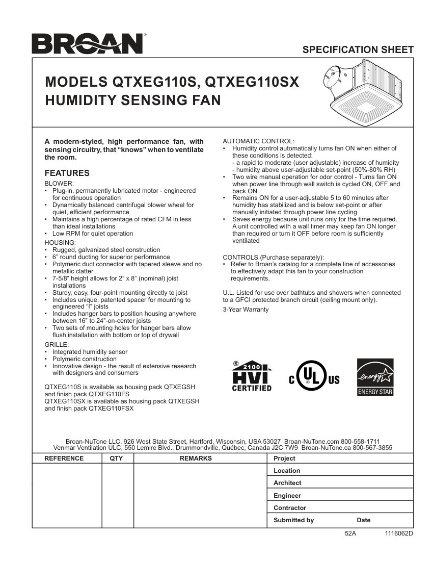 Broan QTXEG110SFX cut sheet — first page