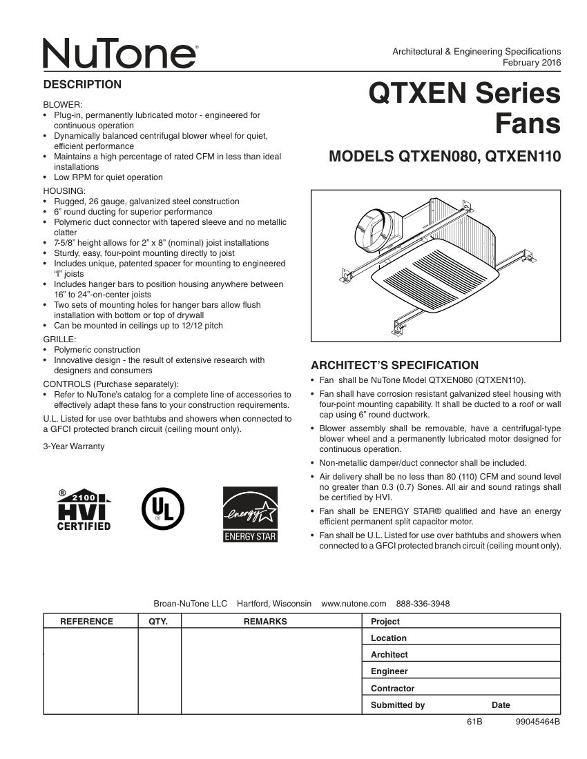 Broan QTXEN080 cut sheet — first page
