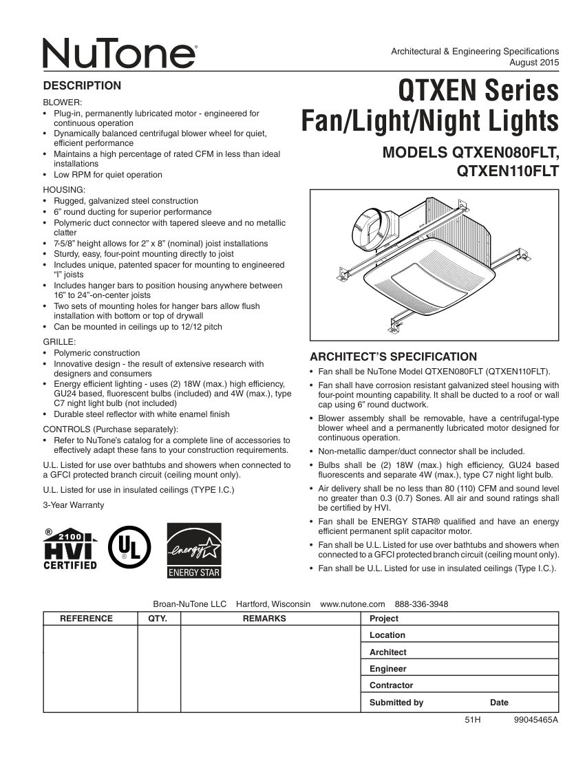 Broan QTXEN110FLT cut sheet — first page