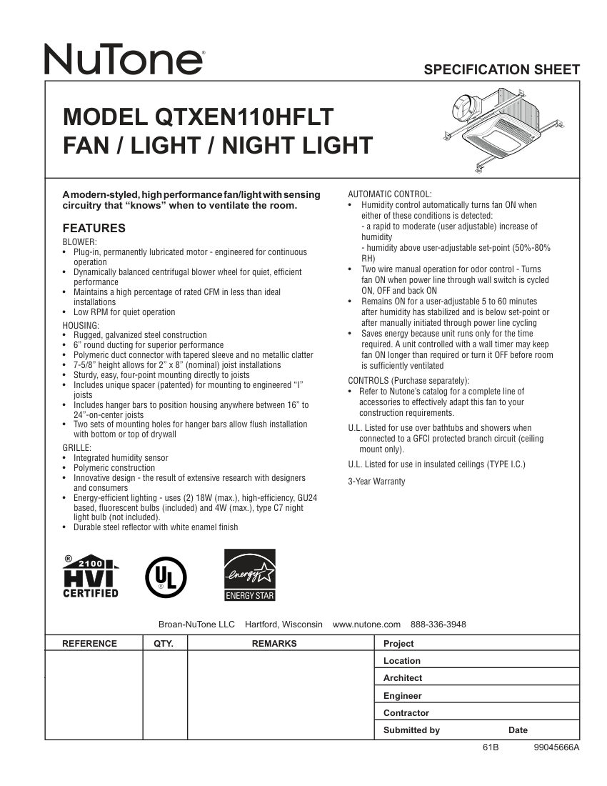 Broan QTXEN110HFLT cut sheet — first page