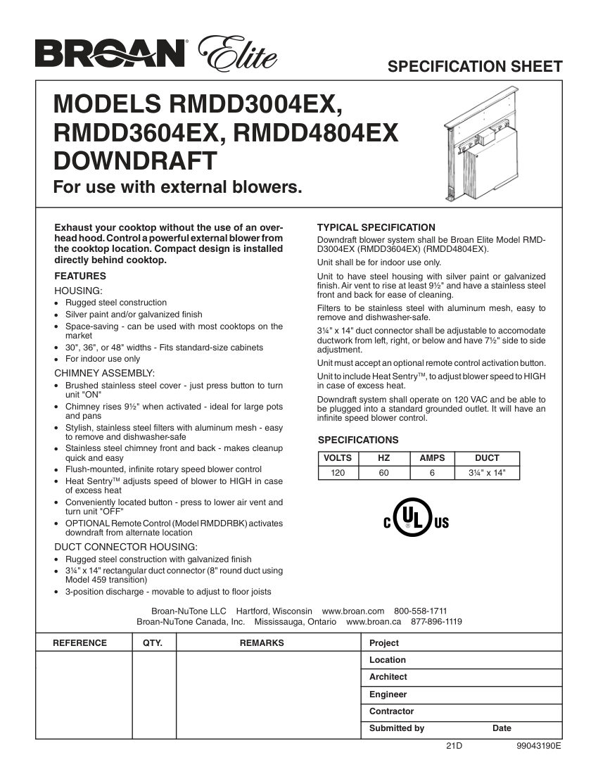 Broan RMDD3004EX cut sheet — first page