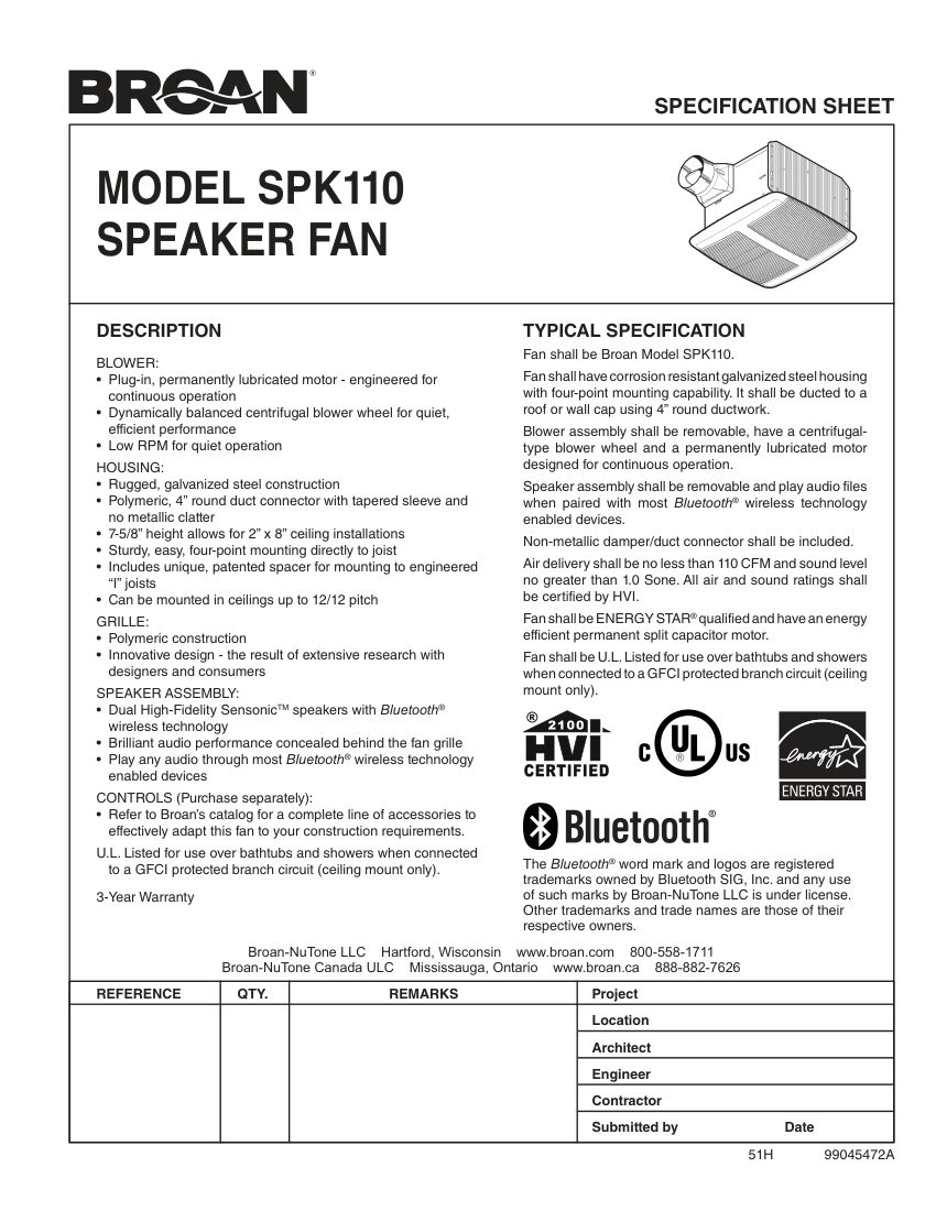 Broan SPK110 cut sheet — first page