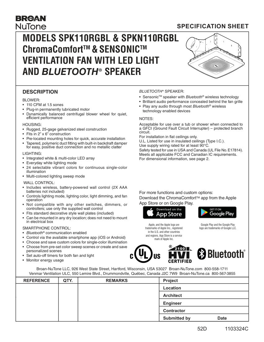 Broan SPK110RGBL cut sheet — first page
