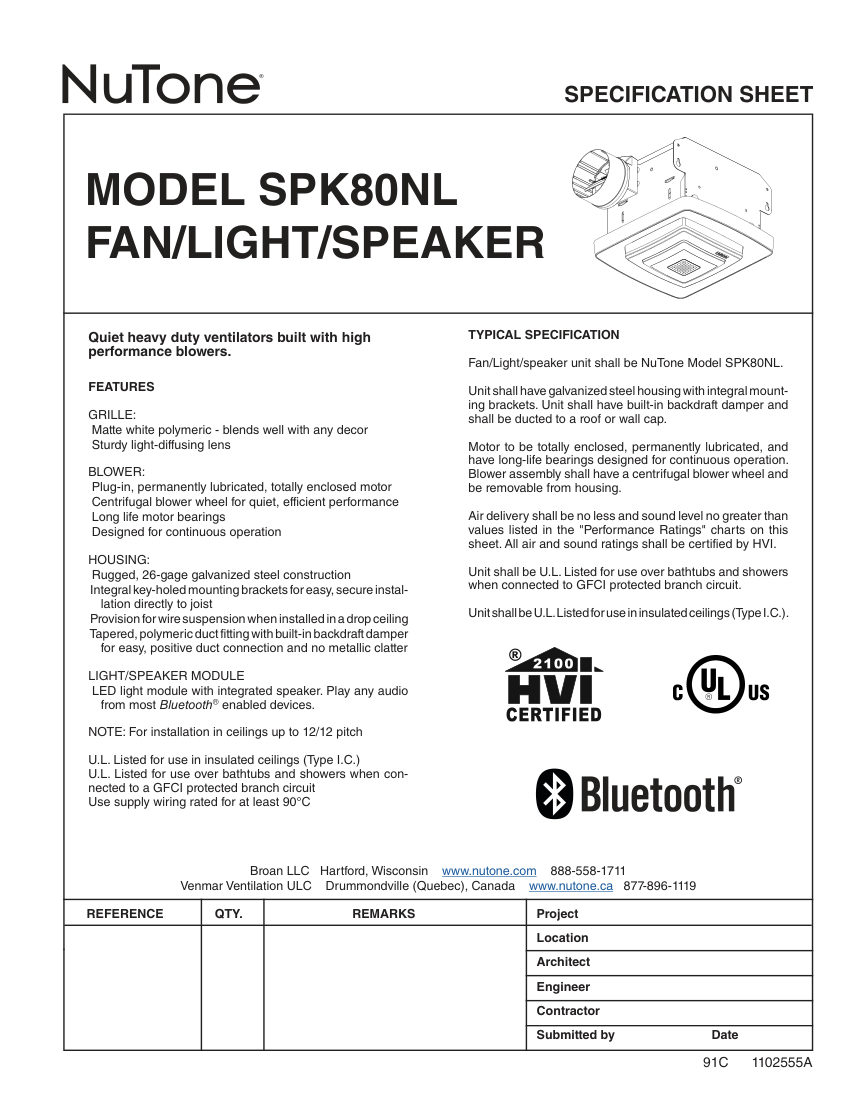 Broan SPK80NL cut sheet — first page
