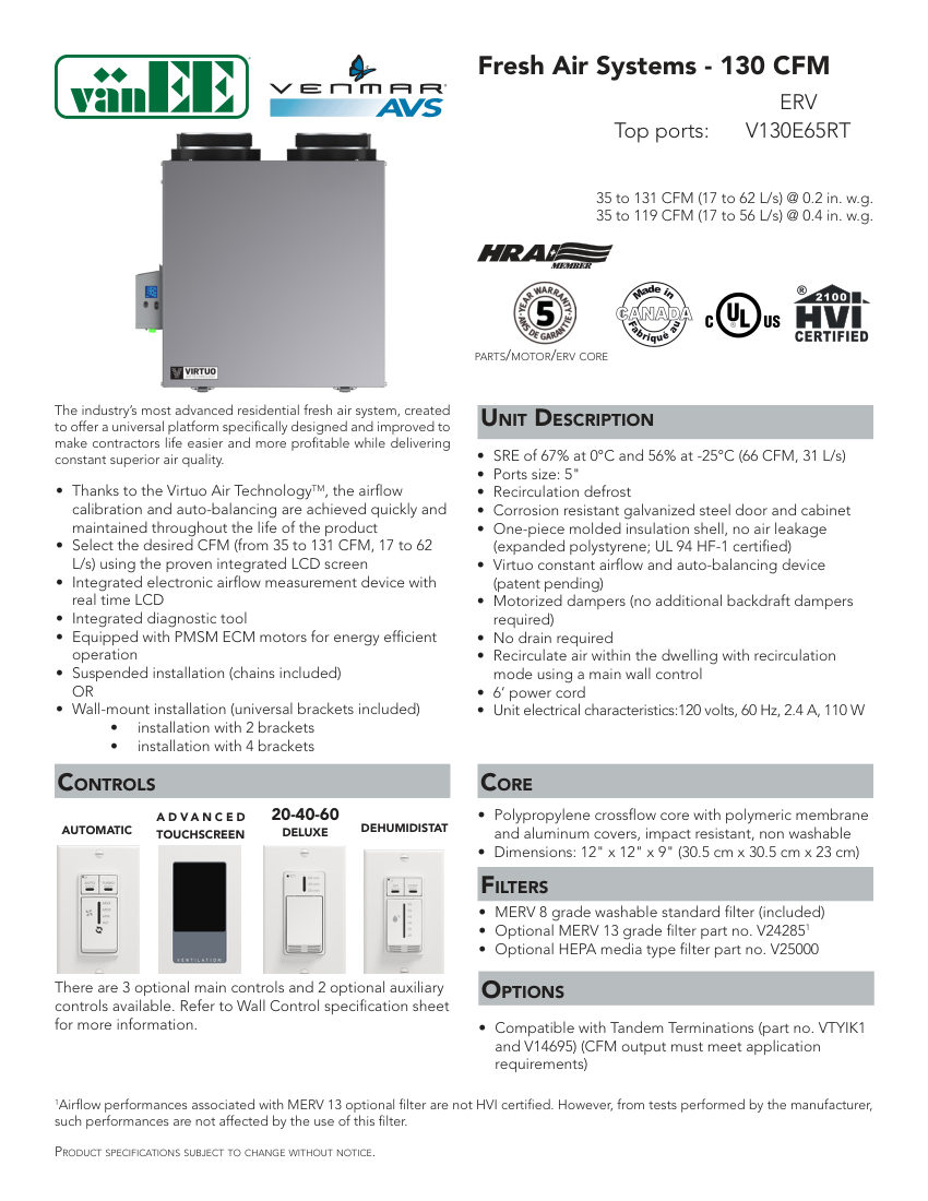Broan V130E65RS cut sheet — first page