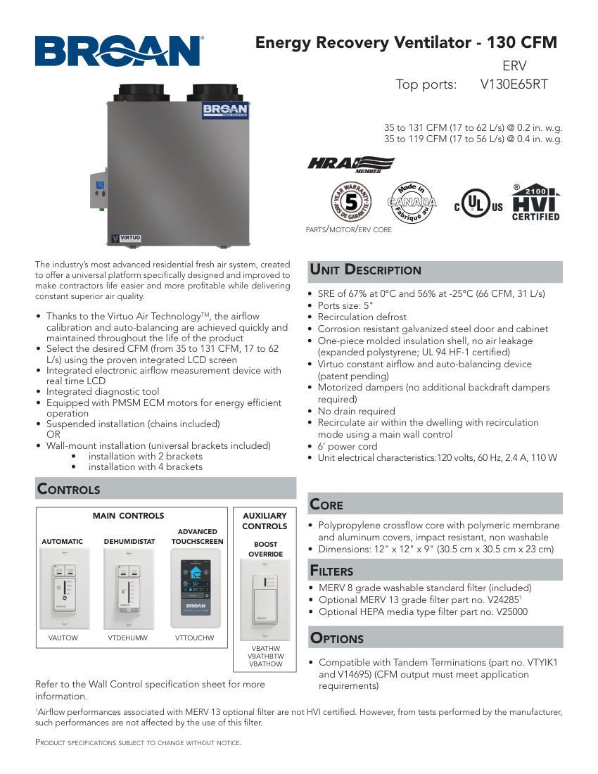 Broan V130E65RT cut sheet — first page