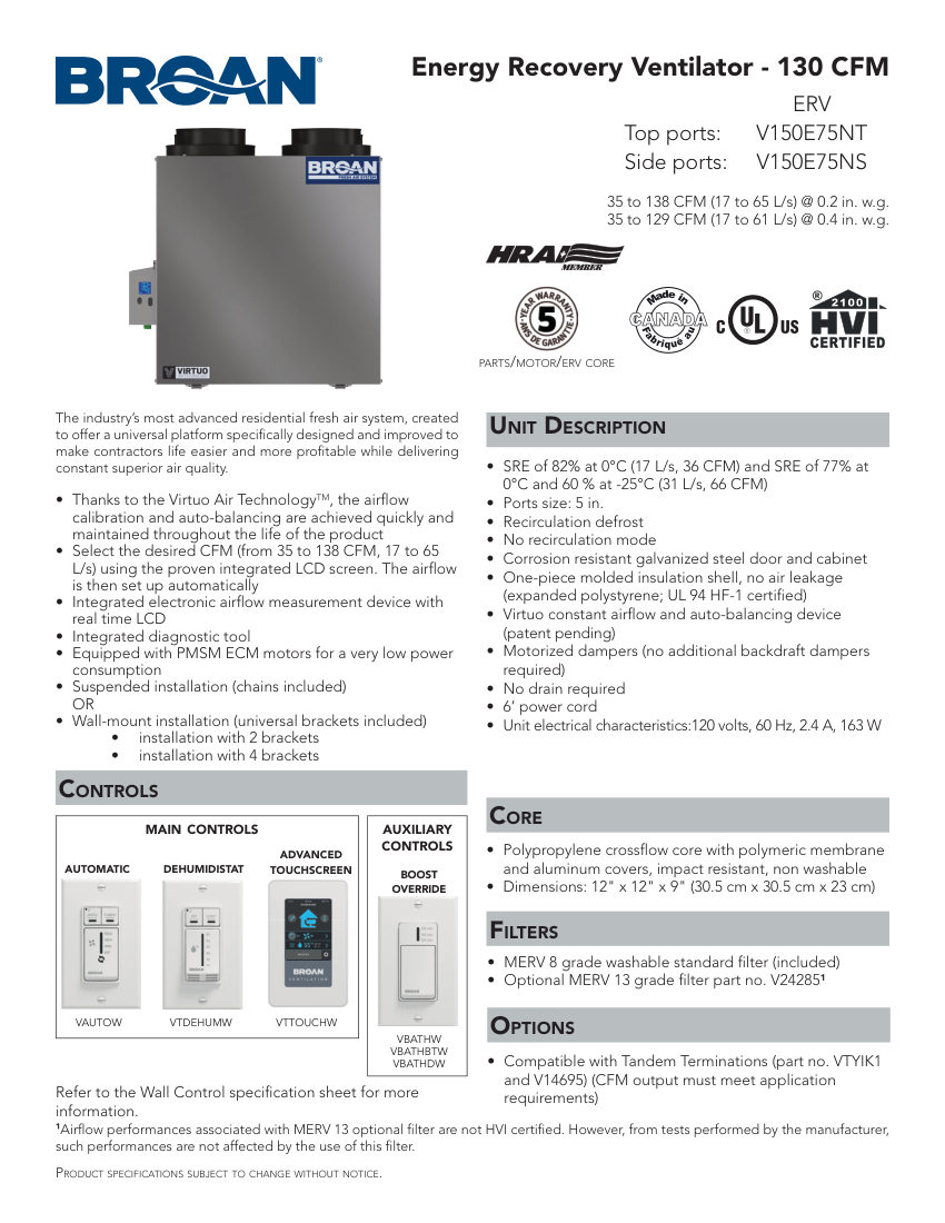 Broan V150E75NS cut sheet — first page