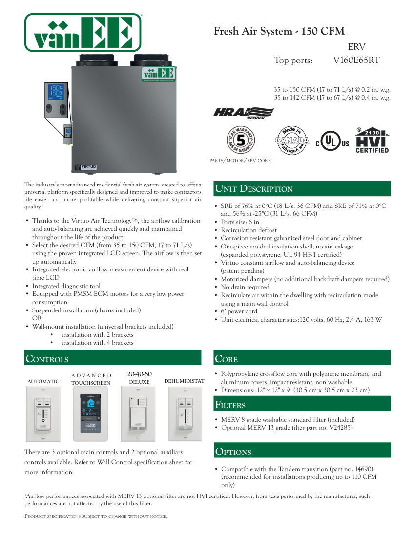 Broan V160E65RT cut sheet — first page