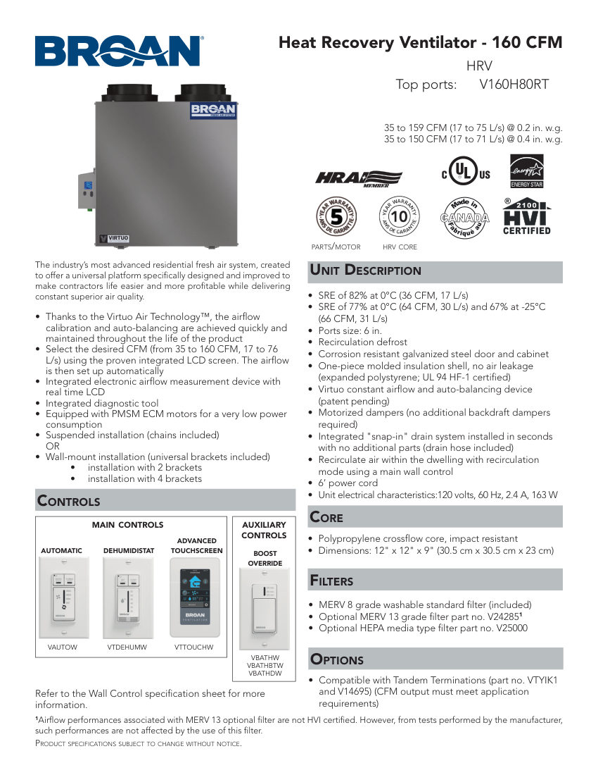 Broan V160H80RT cut sheet — first page
