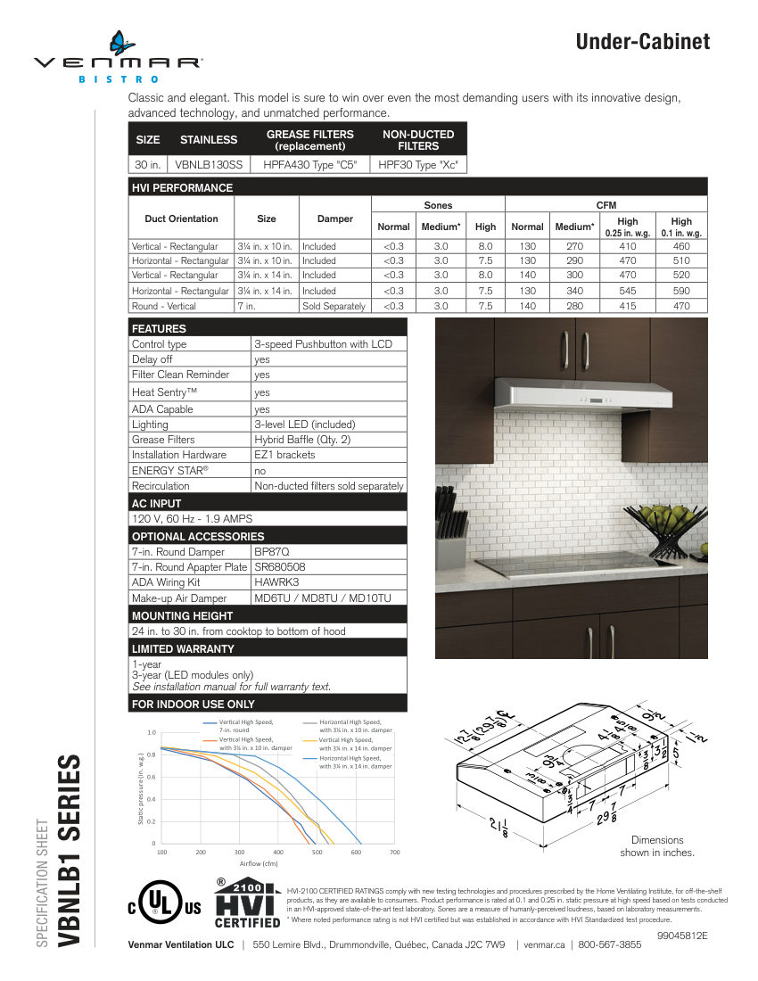 Broan VBNLB130SS cut sheet — first page