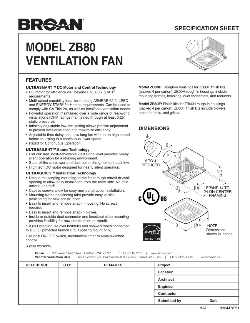 Broan ZB00H cut sheet — first page